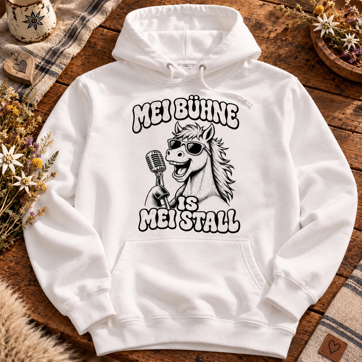 Hoodie Damen Pferdemädl weiß – Mei Bühne is mei Stall
