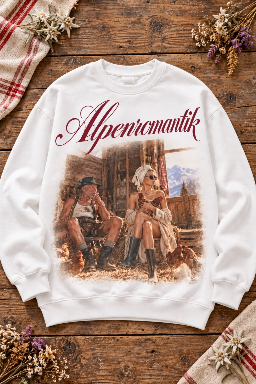 Damen Longsleeve Alpenromantik in Weiß auf Altholztisch