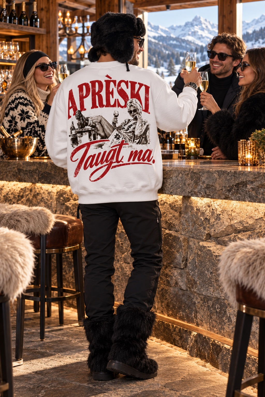 Herren-Rundhalspullover Après-Ski – Taugt ma. in Weiß am Model beim Anstoßen in einer Après-Ski-Bar