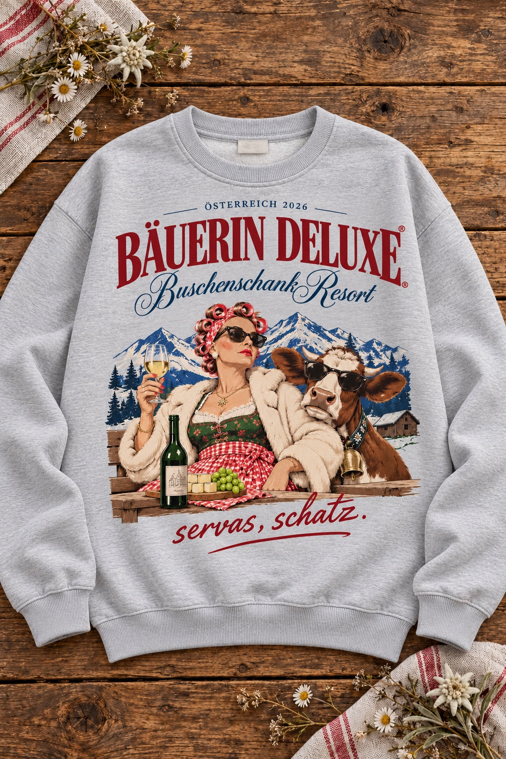Bäuerin Deluxe Damen Oversize-Rundhalspullover in Grau meliert – Vorderseite auf Altholztisch