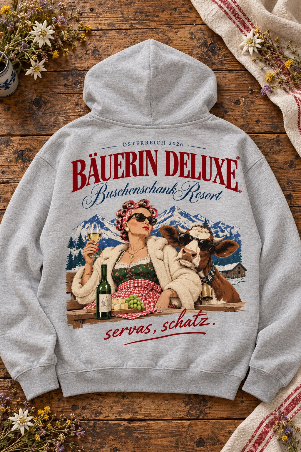 Bäuerin Deluxe Oversize-Hoodie grau meliert – Rückenmotiv auf Altholztisch