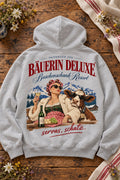 Bäuerin Deluxe Oversize-Hoodie grau meliert – Rückenmotiv auf Altholztisch