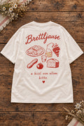 Damen Oversize-T-Shirt Brettljause in Weiß auf Altholztisch