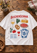 Weißes Damen Oversize-T-Shirt Buschenschank mit Rückenmotiv auf Altholztisch