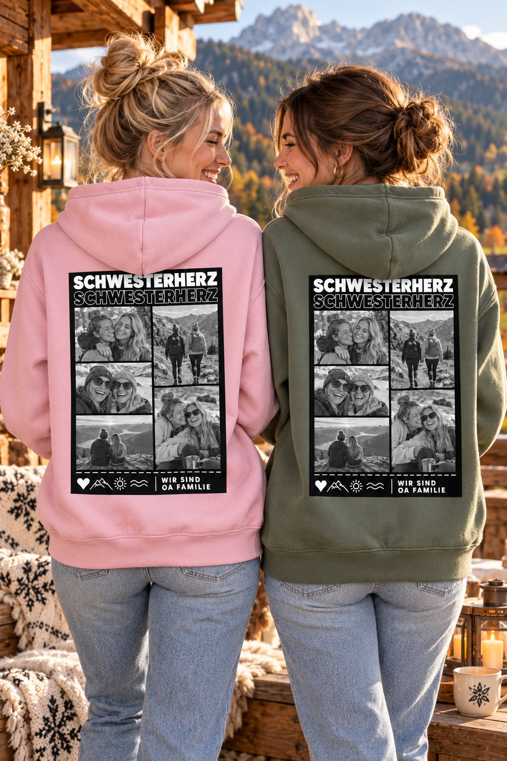 Schwestern mit personalisierbaren Foto-Hoodies in Rosa und Olive