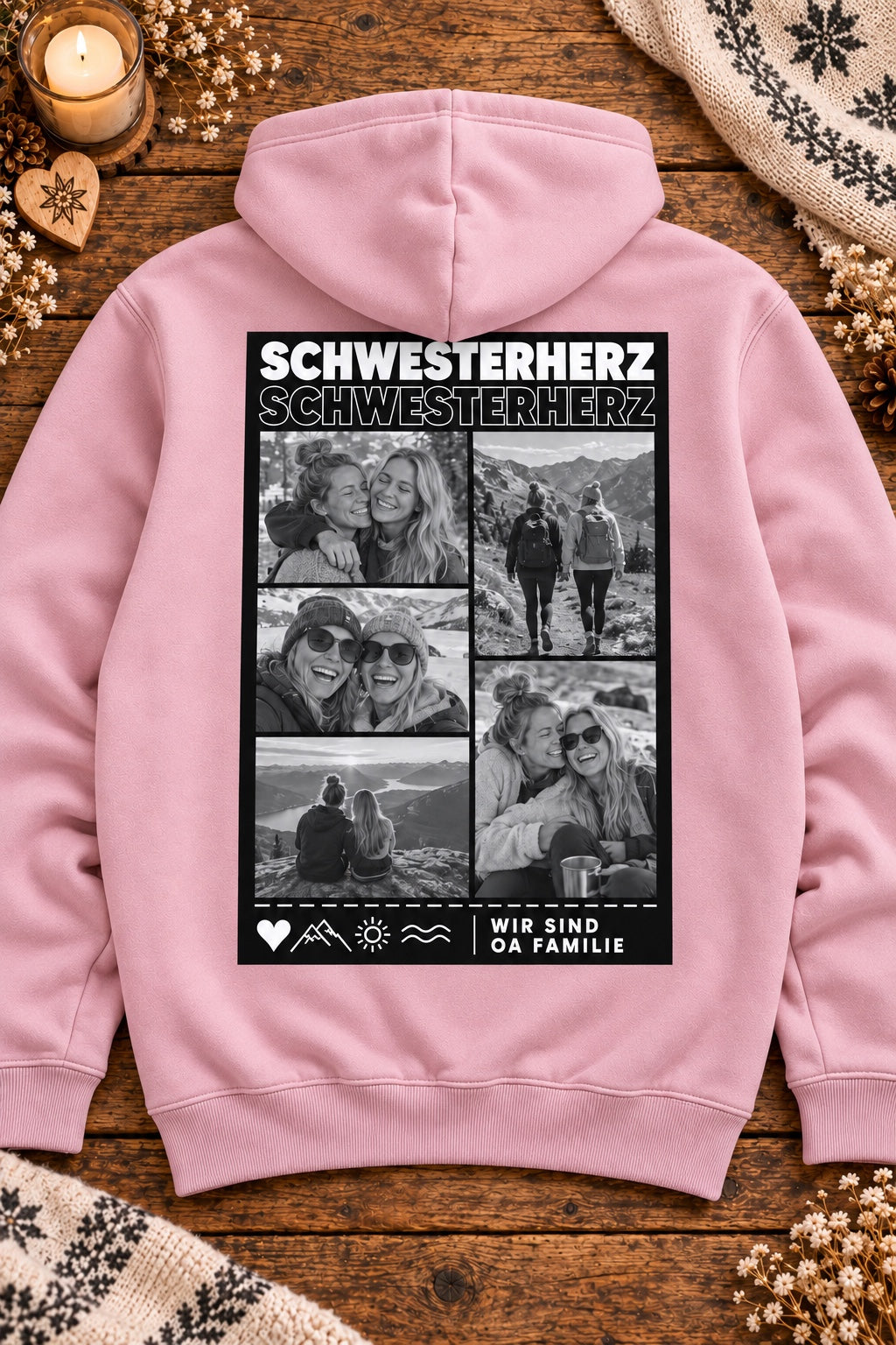 Rosa Damen Foto-Hoodie mit Schwesterherz-Beispiel