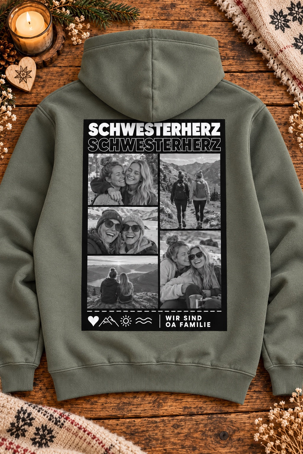 Olivgrüner Damen Foto-Hoodie mit Schwesterherz-Beispiel