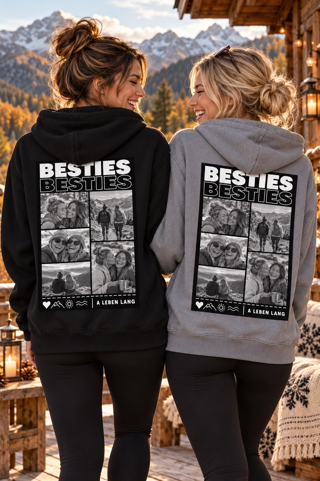Freundinnen mit Foto-Hoodies in Schwarz und Grau