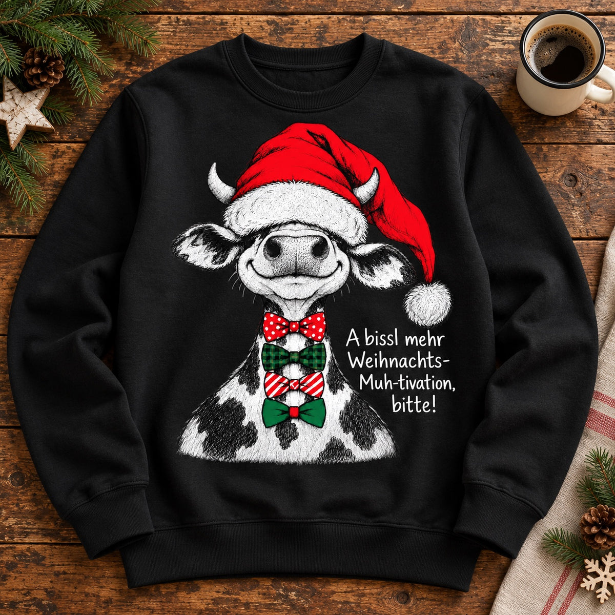 Schwarzer Damen Rundhalspullover mit Weihnachtskuh und dem Schriftzug A bissl mehr Weihnachts-Muh-tivation, bitte!