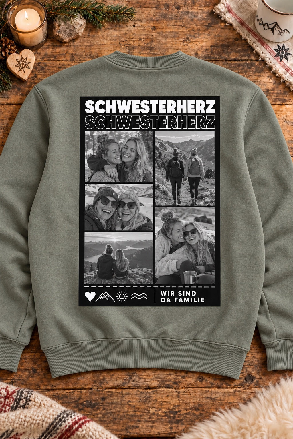 Olivgrünes Foto-Sweatshirt mit Schwesterherz-Motiv auf Altholztisch