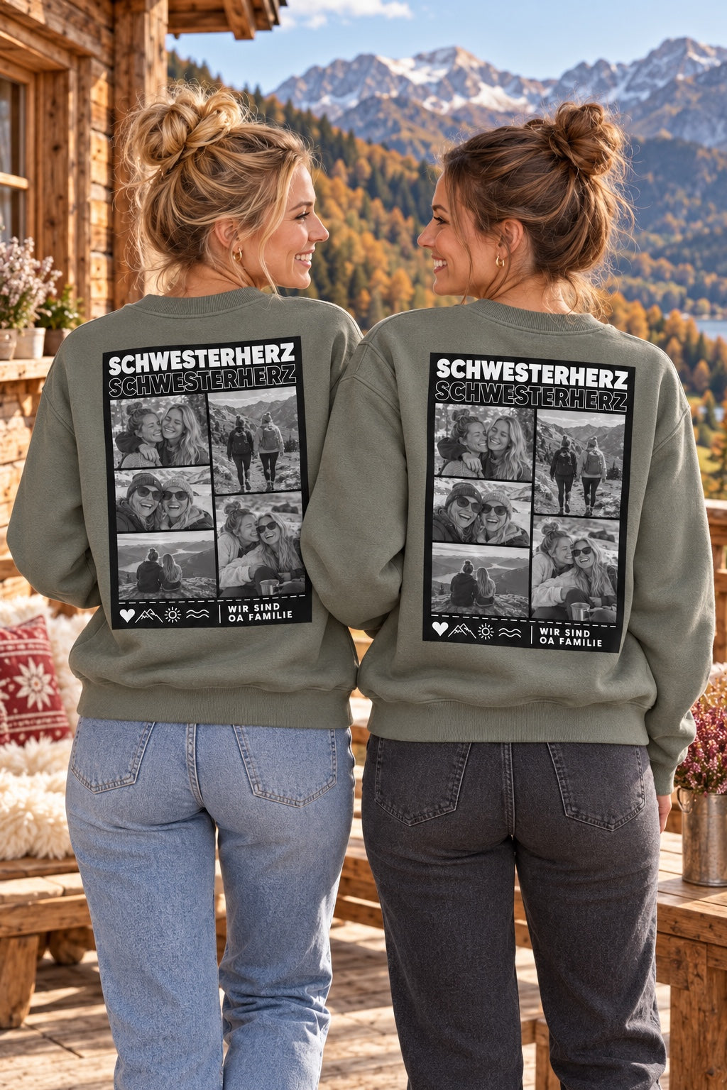 Zwei Models mit olivgrünen Schwesterherz-Sweatshirts