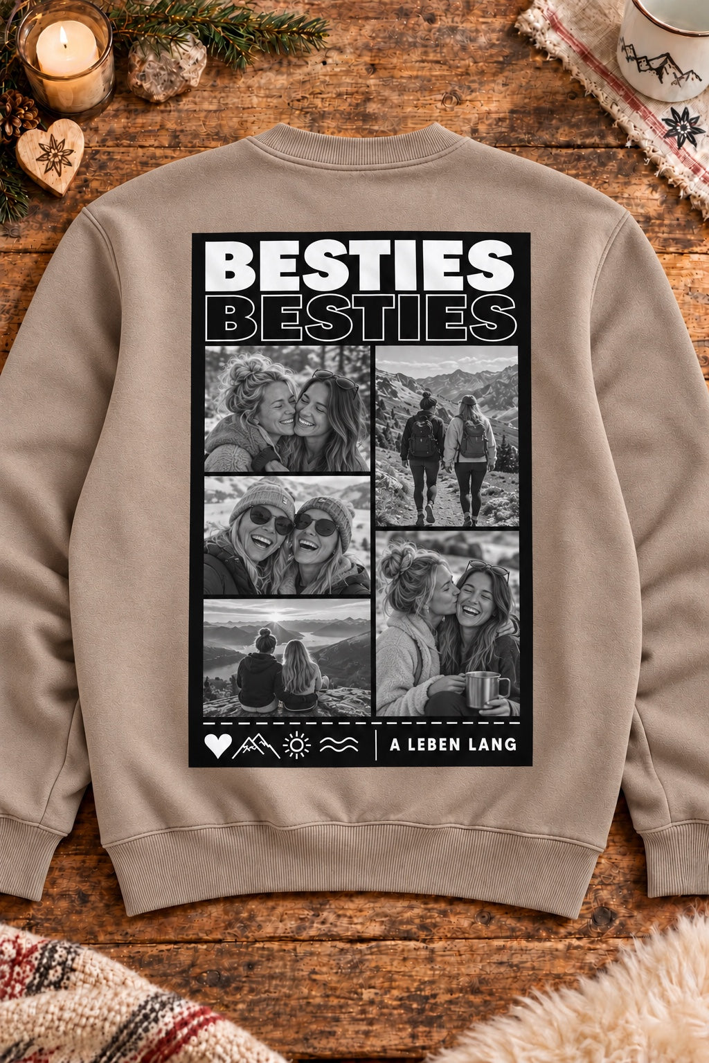 Hellbraunes Foto-Sweatshirt mit Besties-Motiv auf Altholztisch