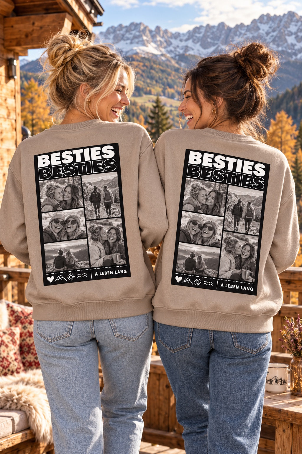 Zwei Models mit hellbraunen Besties-Sweatshirts