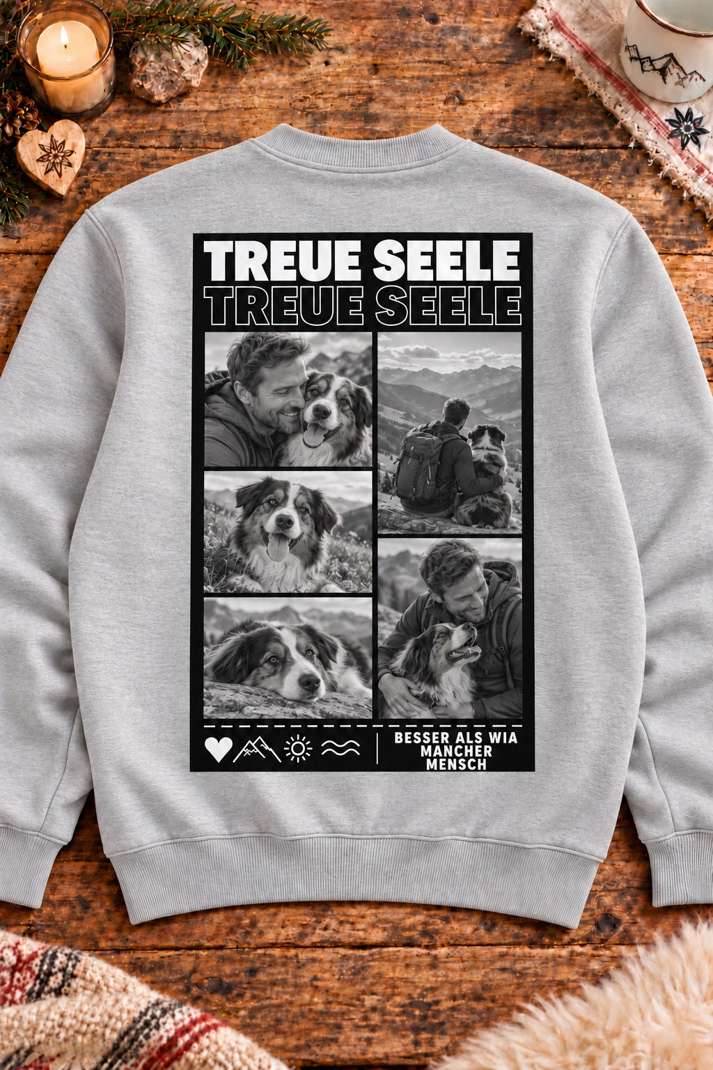 Graues Foto-Sweatshirt mit Treue-Seele-Hundemotiv auf Altholztisch