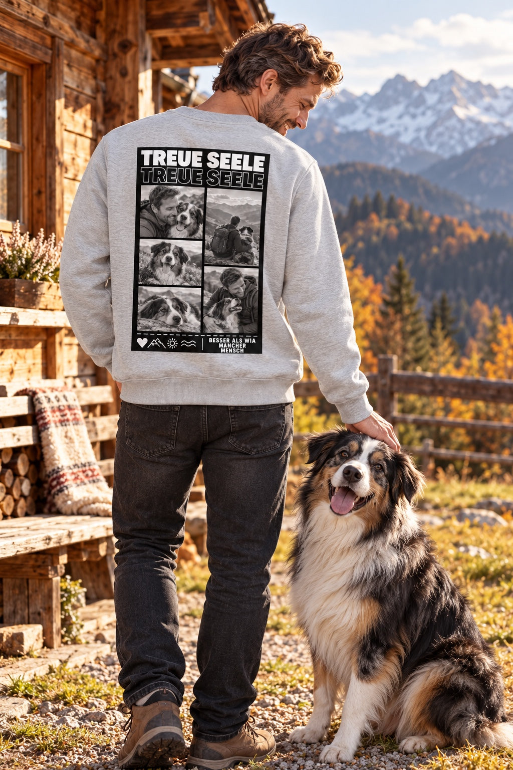 Männliches Model mit grauem Treue-Seele-Sweatshirt und Hund