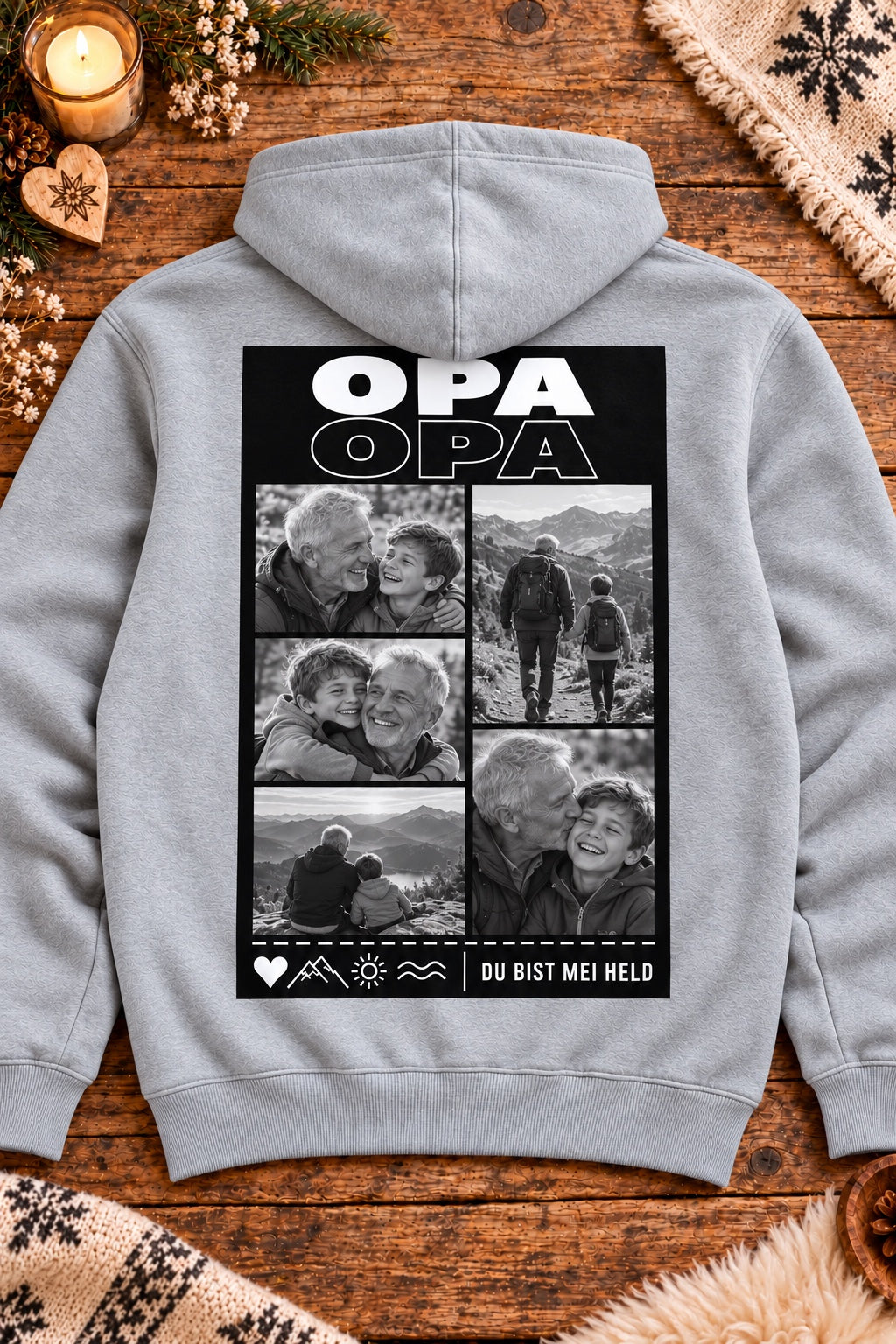 Grau melierter Opa Herren-Kapuzenhoodie auf Altholztisch