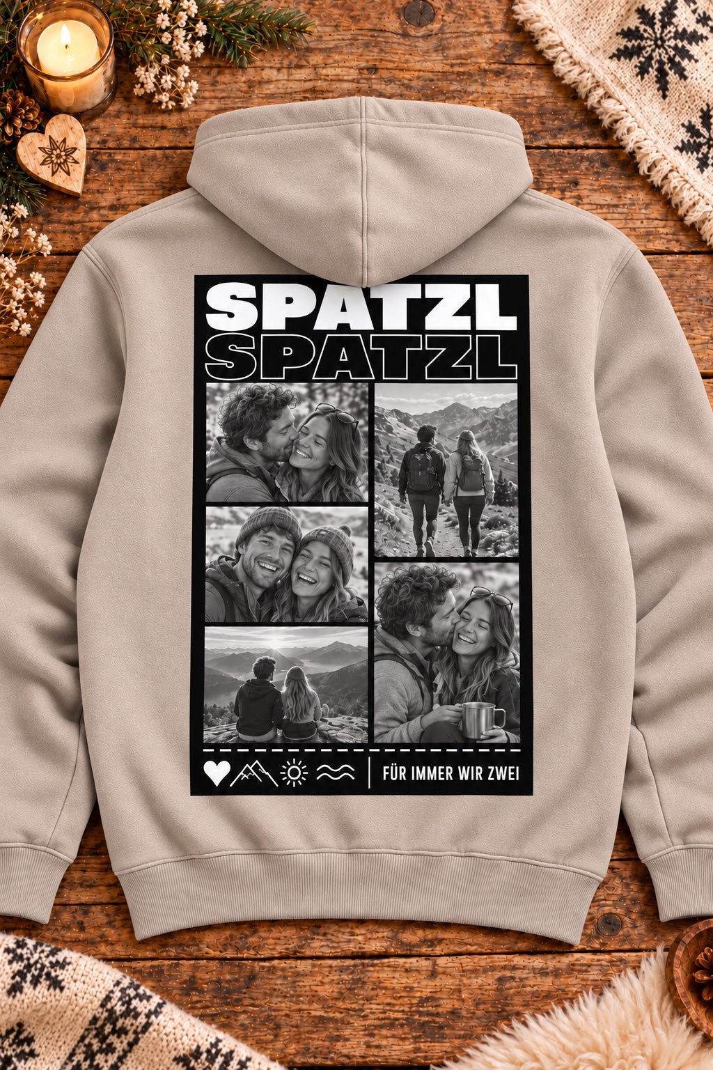 Beiger Spatzl Herren-Kapuzenhoodie auf Altholztisch