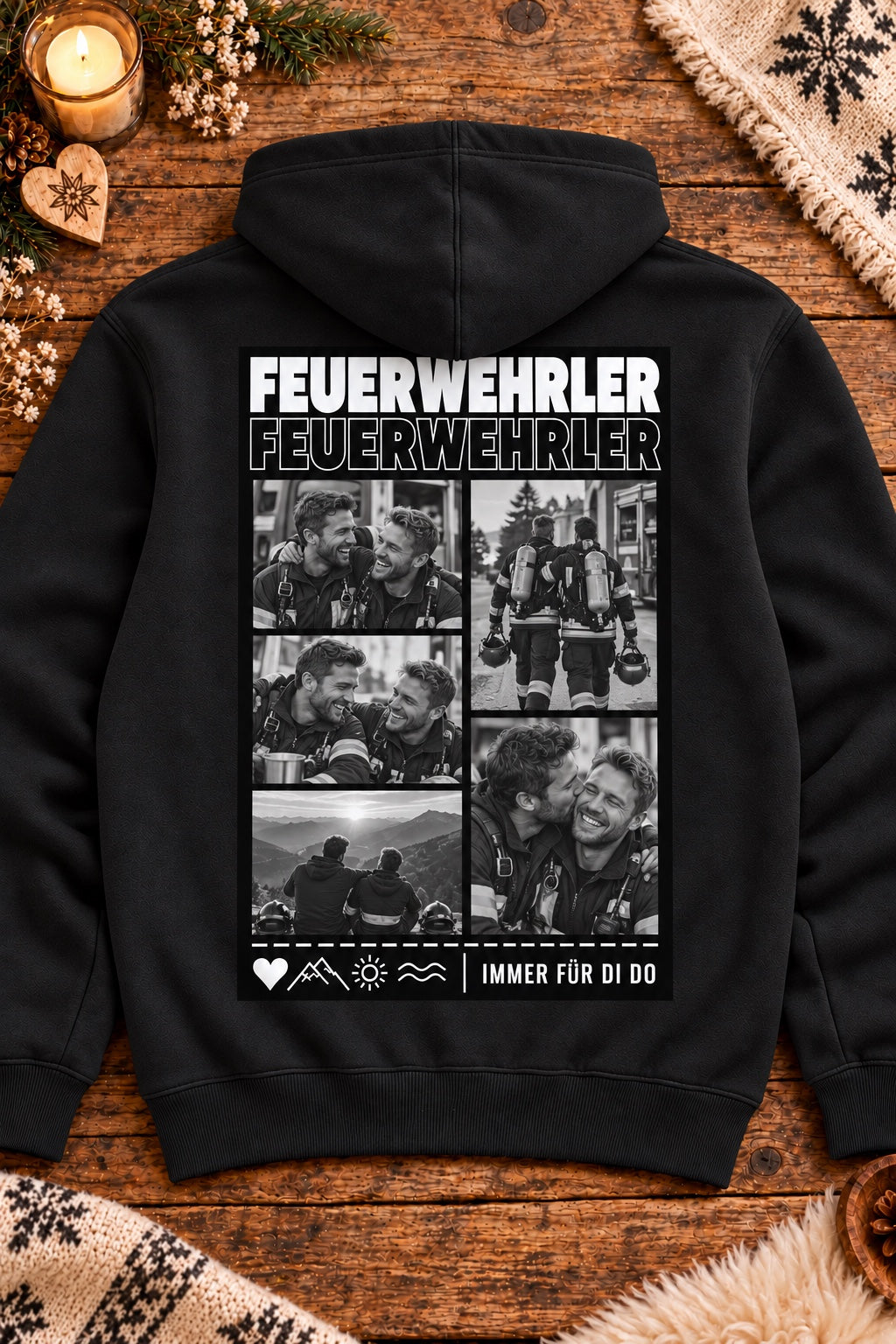 Schwarzer Feuerwehrler Herren-Kapuzenhoodie auf Altholztisch