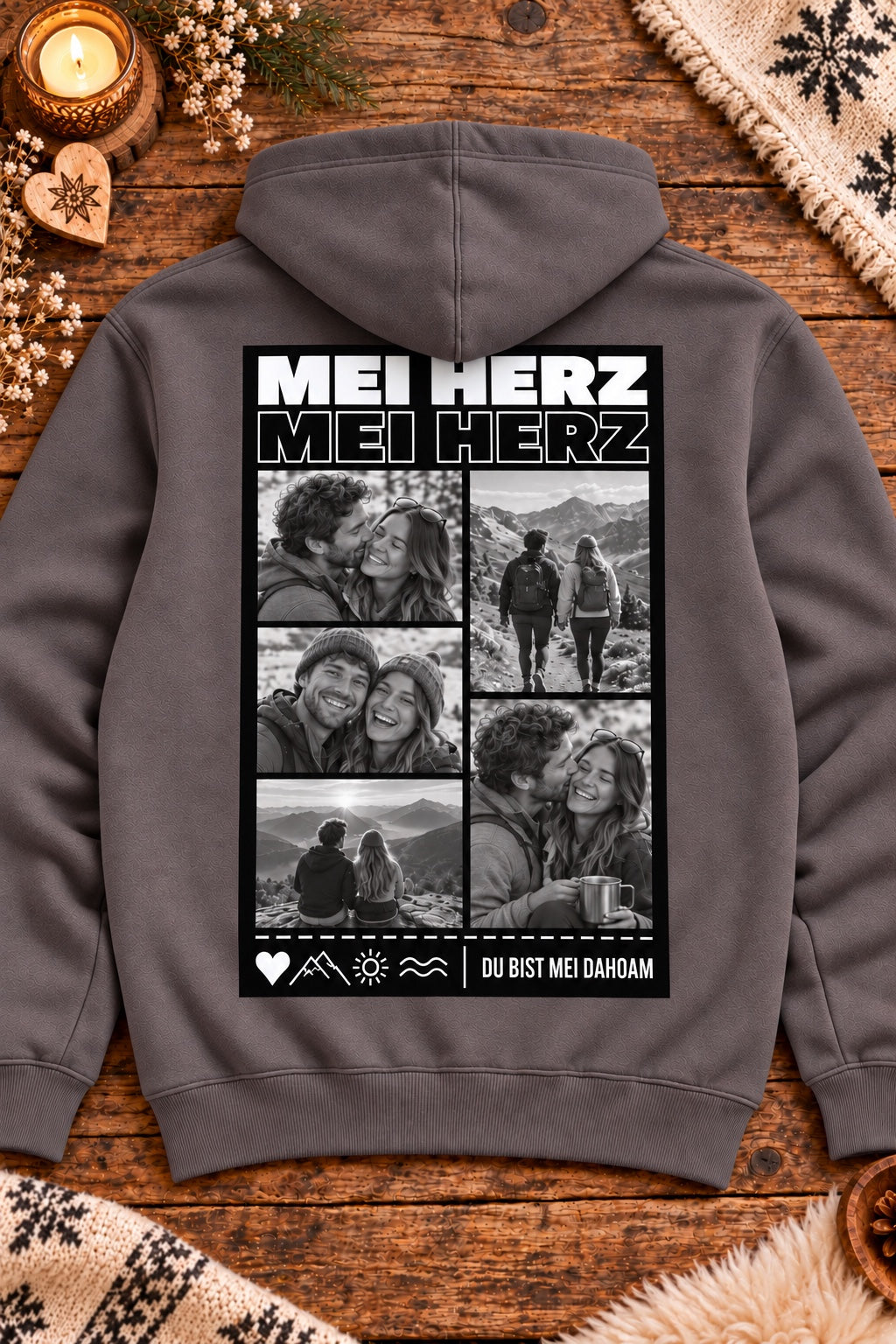 Brauner Mei Herz Herren-Kapuzenhoodie auf Altholztisch