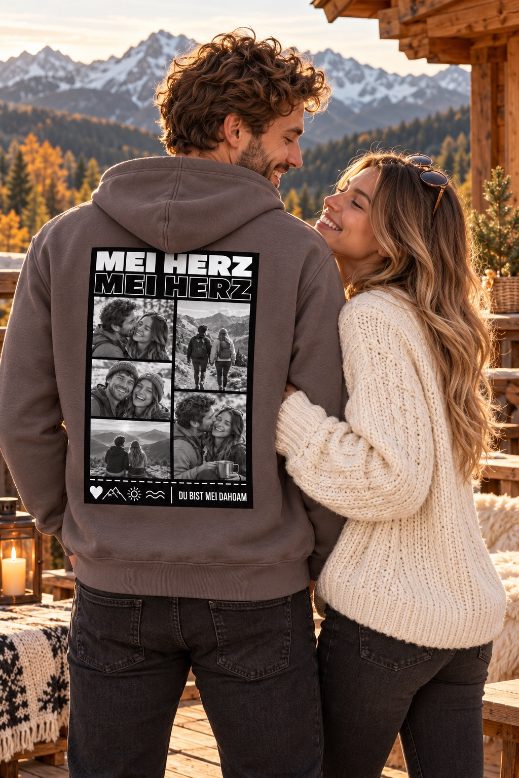 Model mit braunem Mei Herz Herren-Kapuzenhoodie