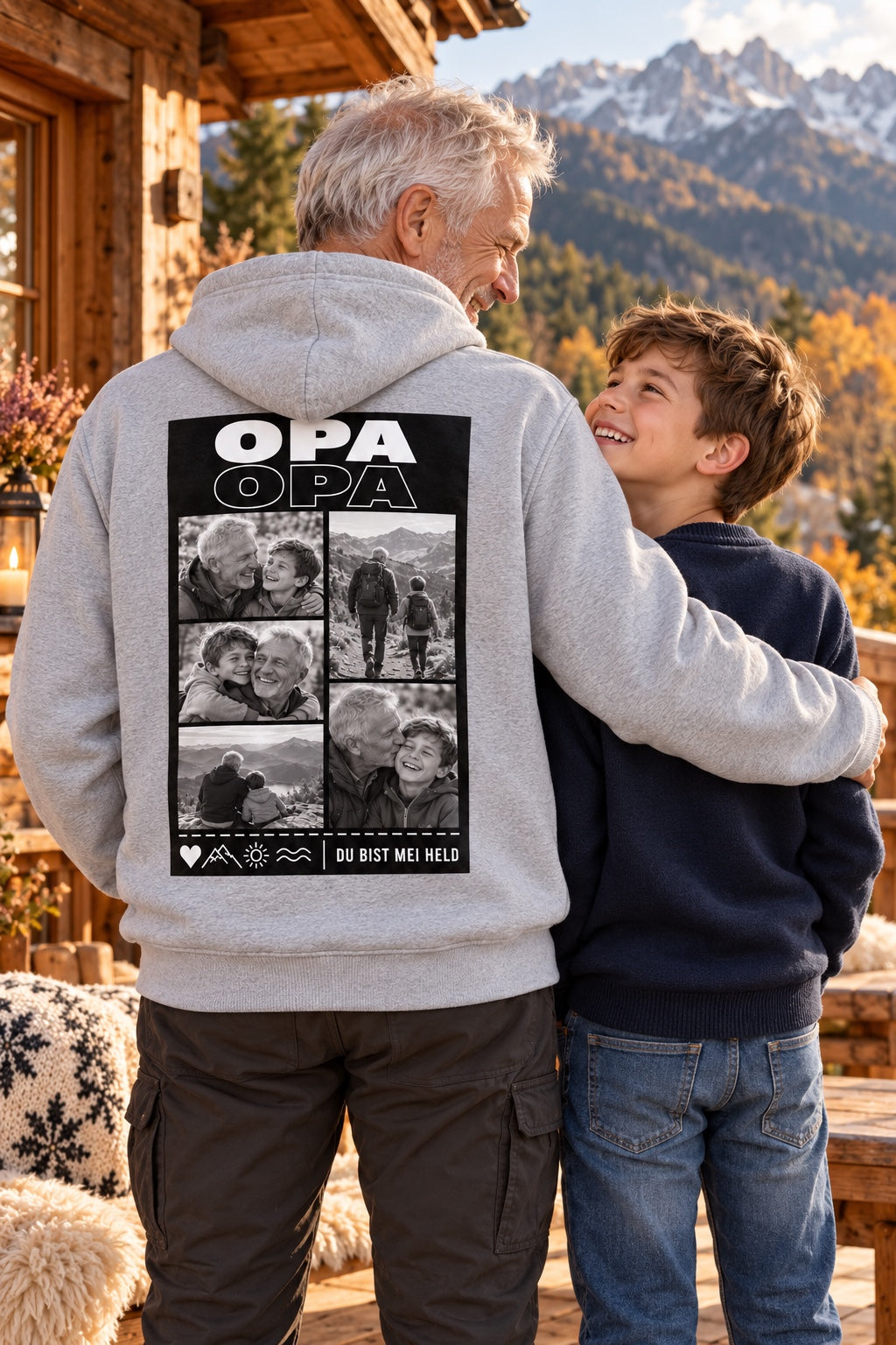 Opa mit grau meliertem personalisiertem Hoodie und Enkelsohn