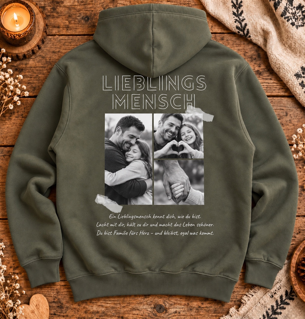 Olivgrüner Herren Lieblingsmensch Hoodie mit Vater-Tochter-Collage