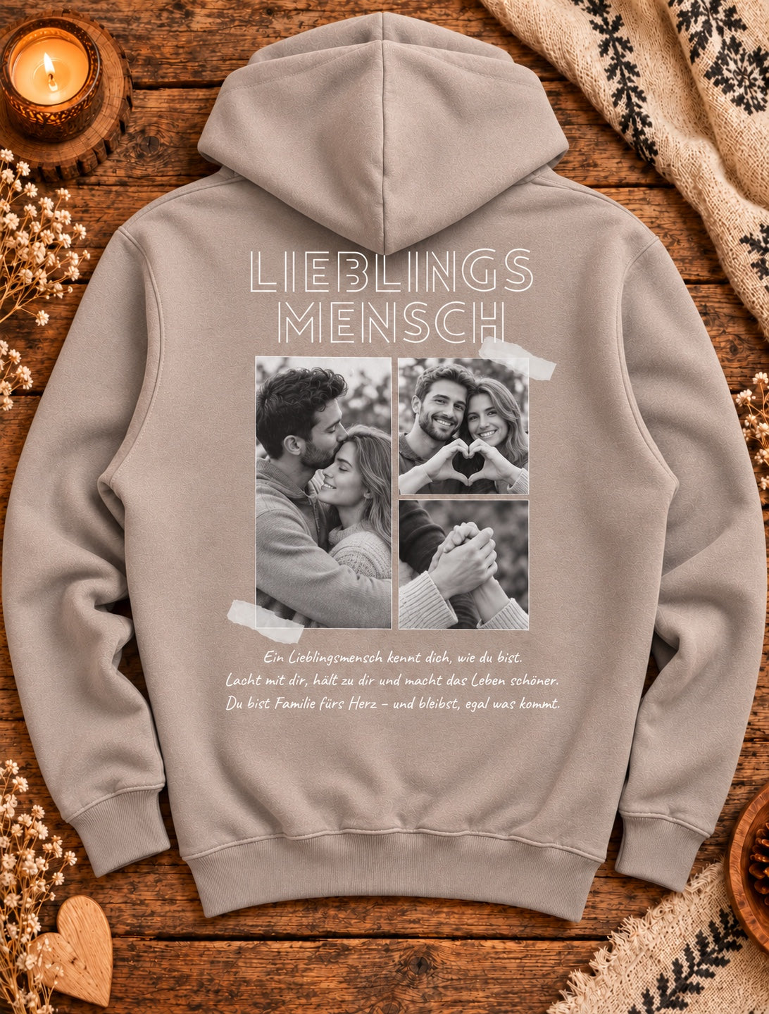 Beiger Herren Lieblingsmensch Hoodie mit Paar-Fotocollage