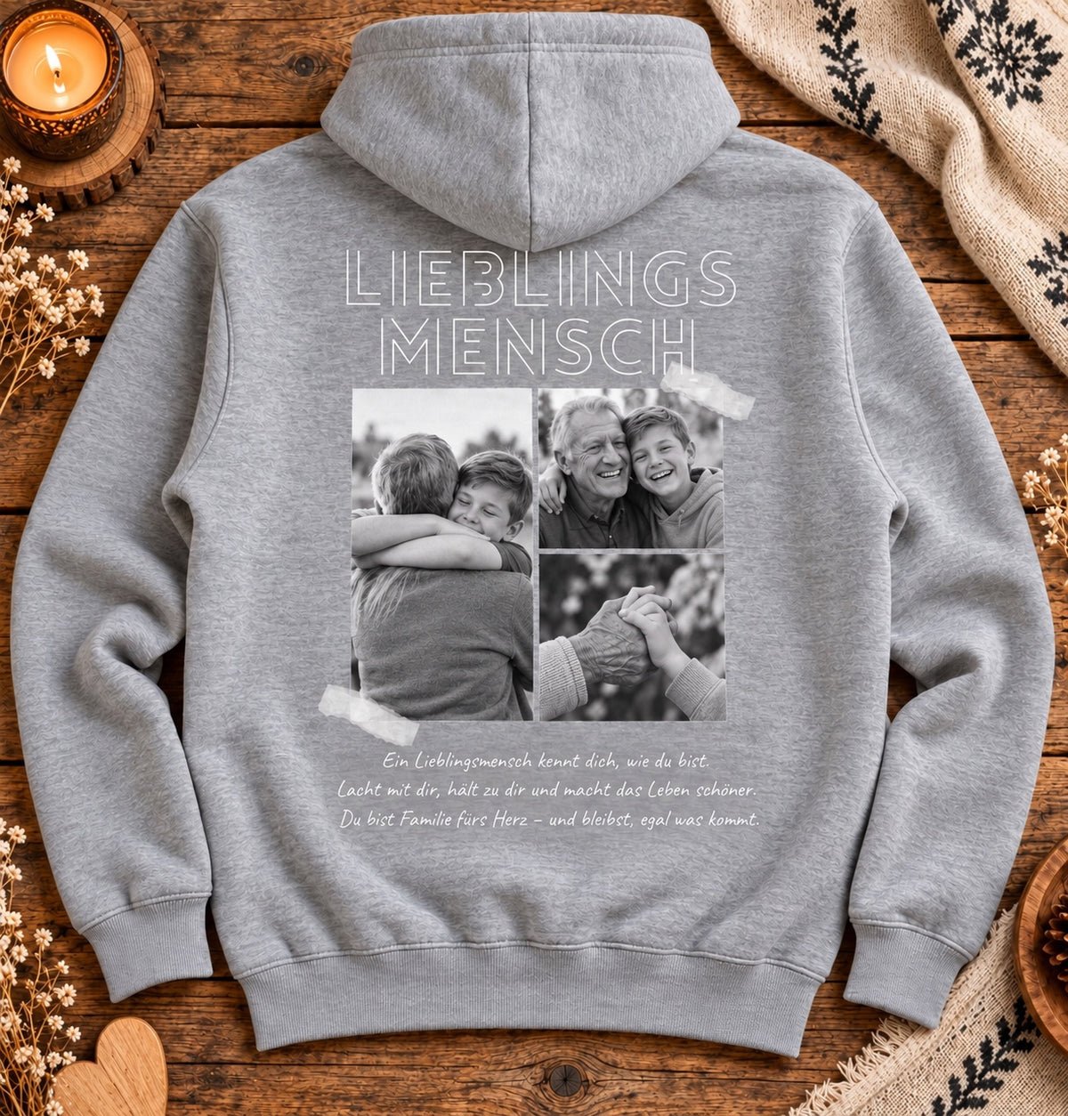 Grau melierter Herren Lieblingsmensch Hoodie mit Opa-Enkelsohn-Collage