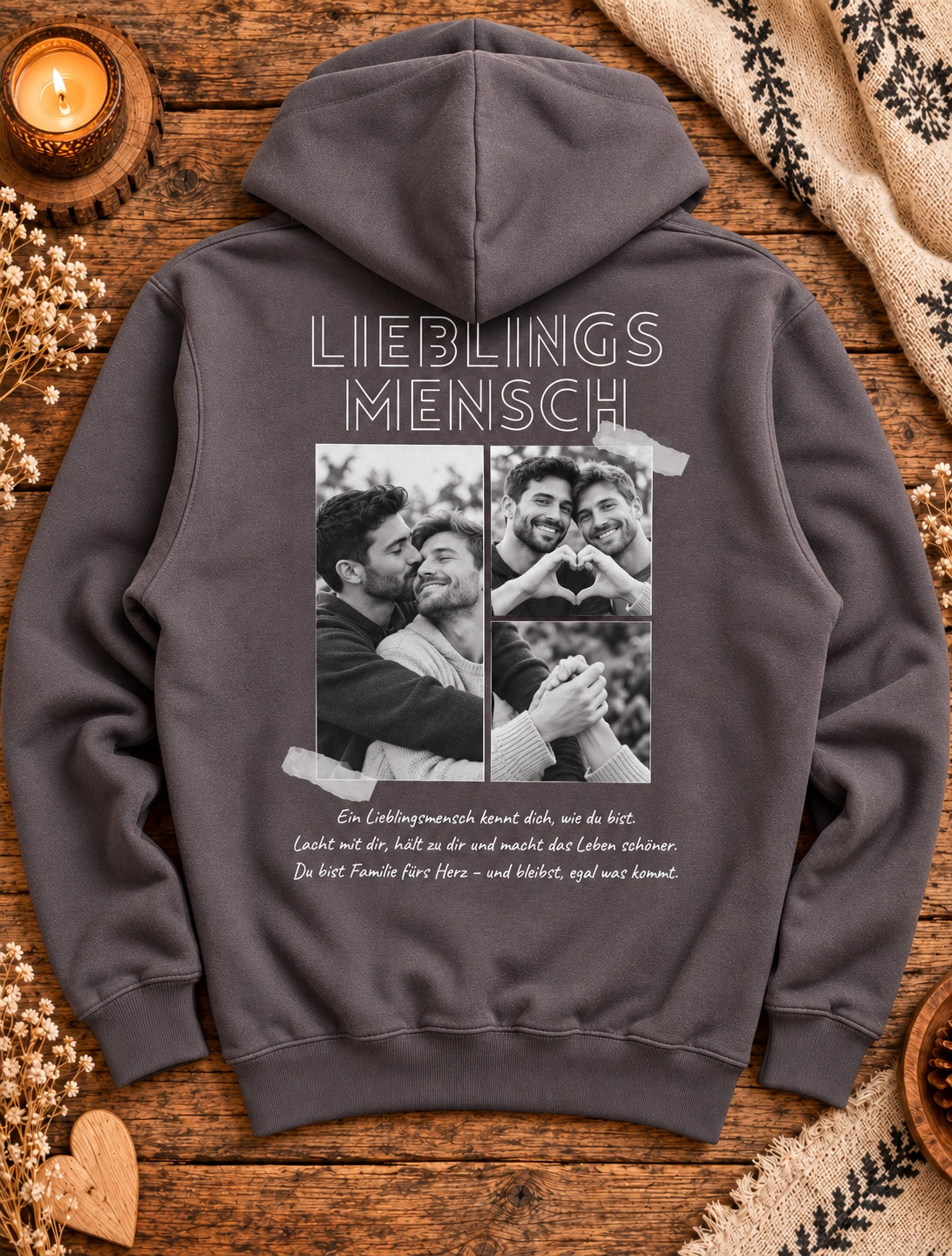 Brauner Herren Lieblingsmensch Hoodie mit Männerpaar-Fotocollage