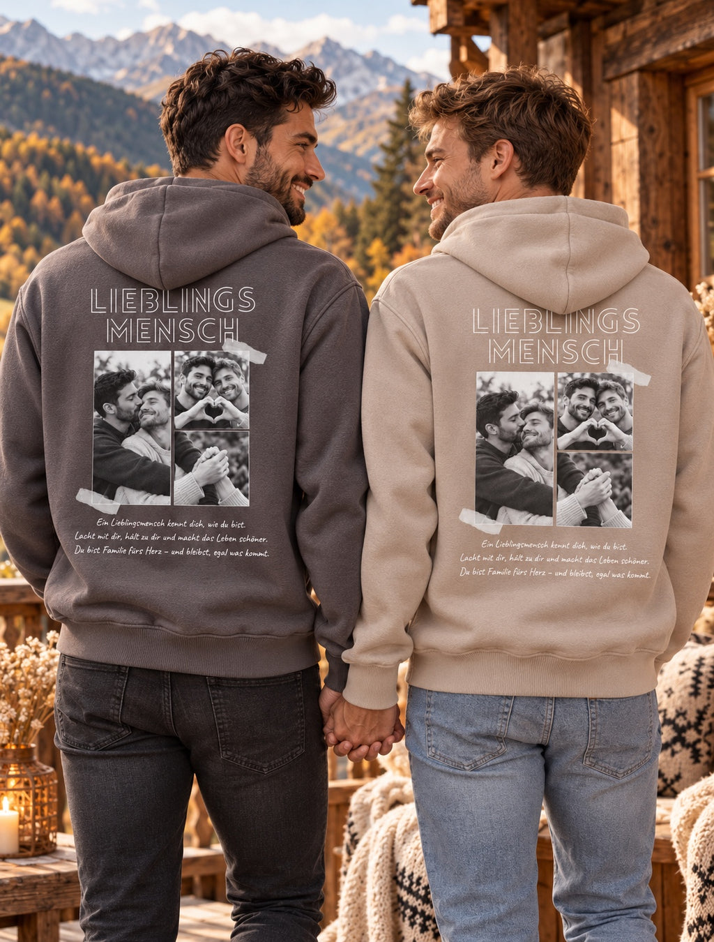 Männerpaar mit Lieblingsmensch Hoodies in Braun und Beige