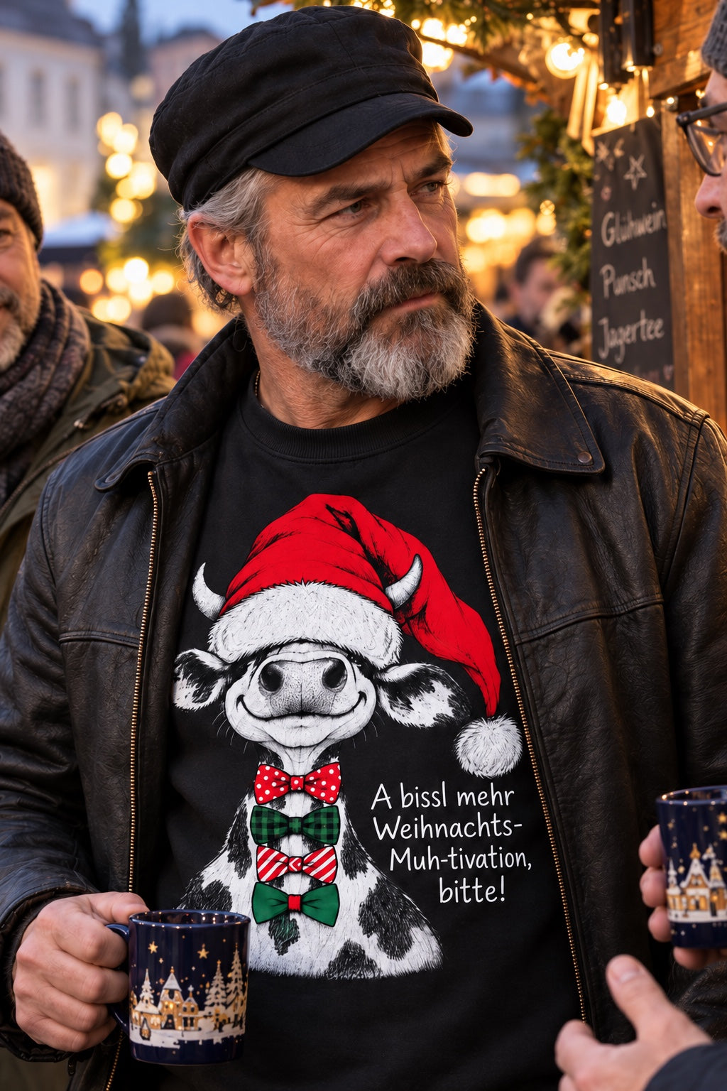Mann mit schwarzem Weihnachtskuh-Rundhalspullover und offener Lederjacke am Weihnachtsmarkt