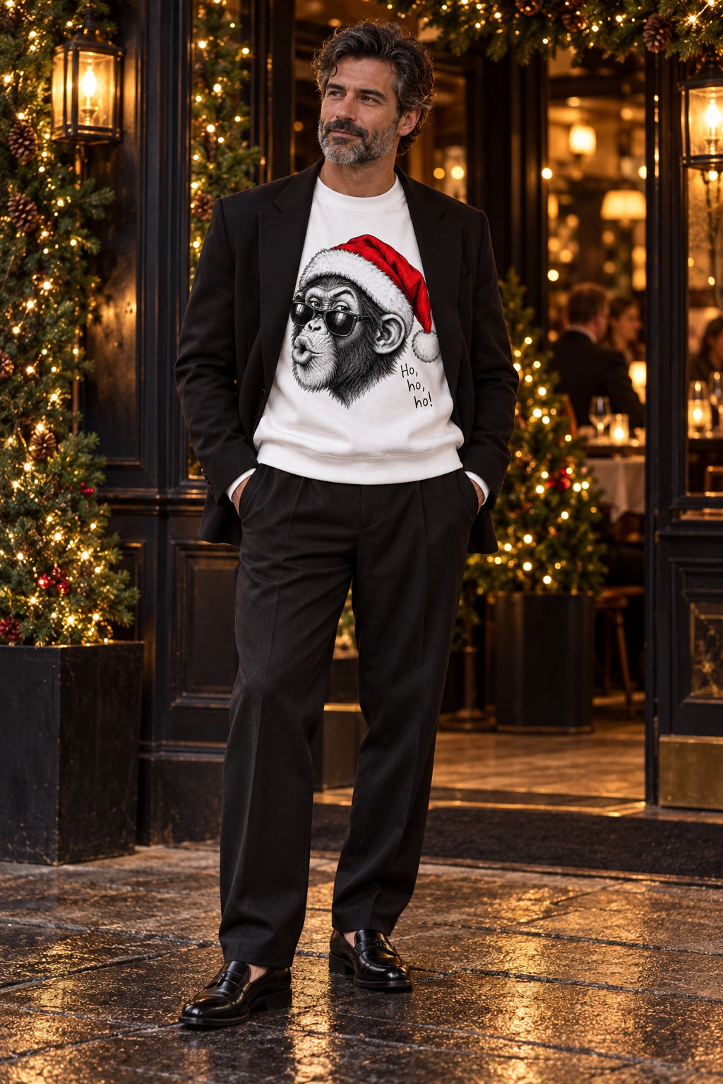 Herren Rundhalspullover Ho, ho, ho! in Weiß – getragen mit schwarzem Blazer