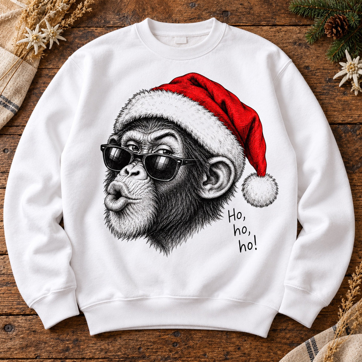 Weißer Herren Rundhalspullover mit Weihnachtsaffen und Ho, ho, ho!-Schriftzug