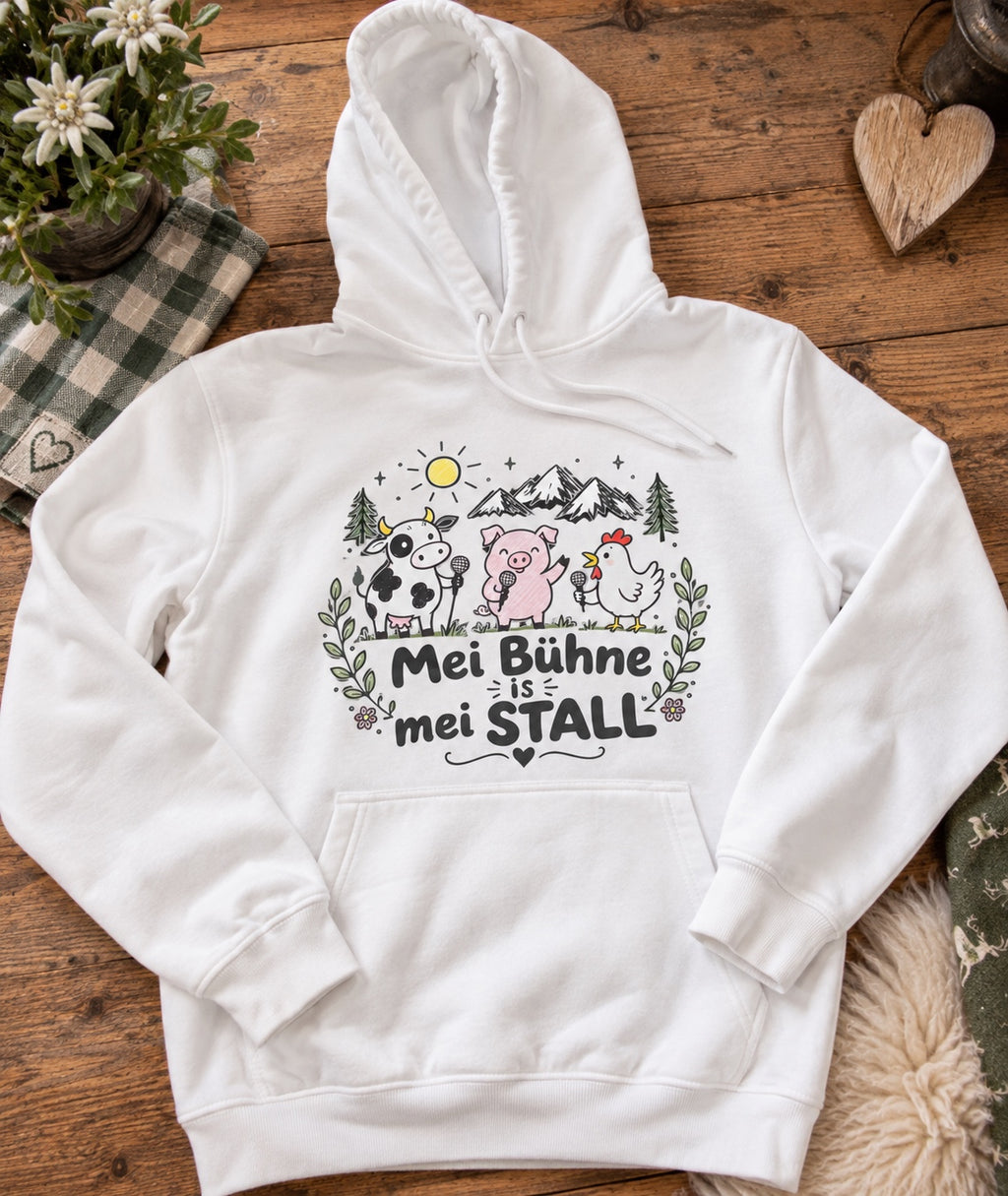 Weißer Herren-Hoodie mit Kuh, Schwein, Huhn und Schriftzug Mei Bühne is mei Stall