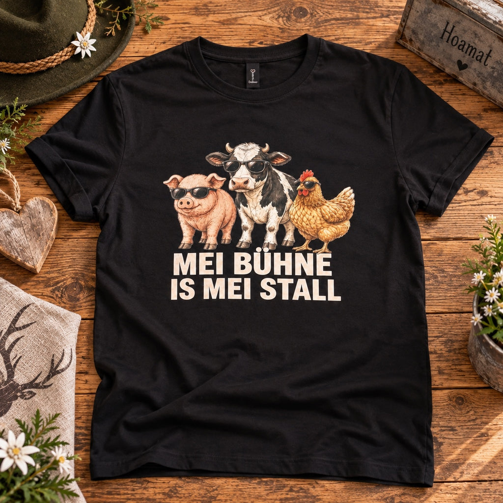 Schwarzes Damenshirt mit Schwein, Kuh und Huhn und Aufdruck Mei Bühne is mei Stall