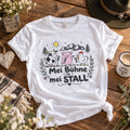 Weißes Damenshirt mit Kuh, Schwein, Huhn und Schriftzug Mei Bühne is mei Stall