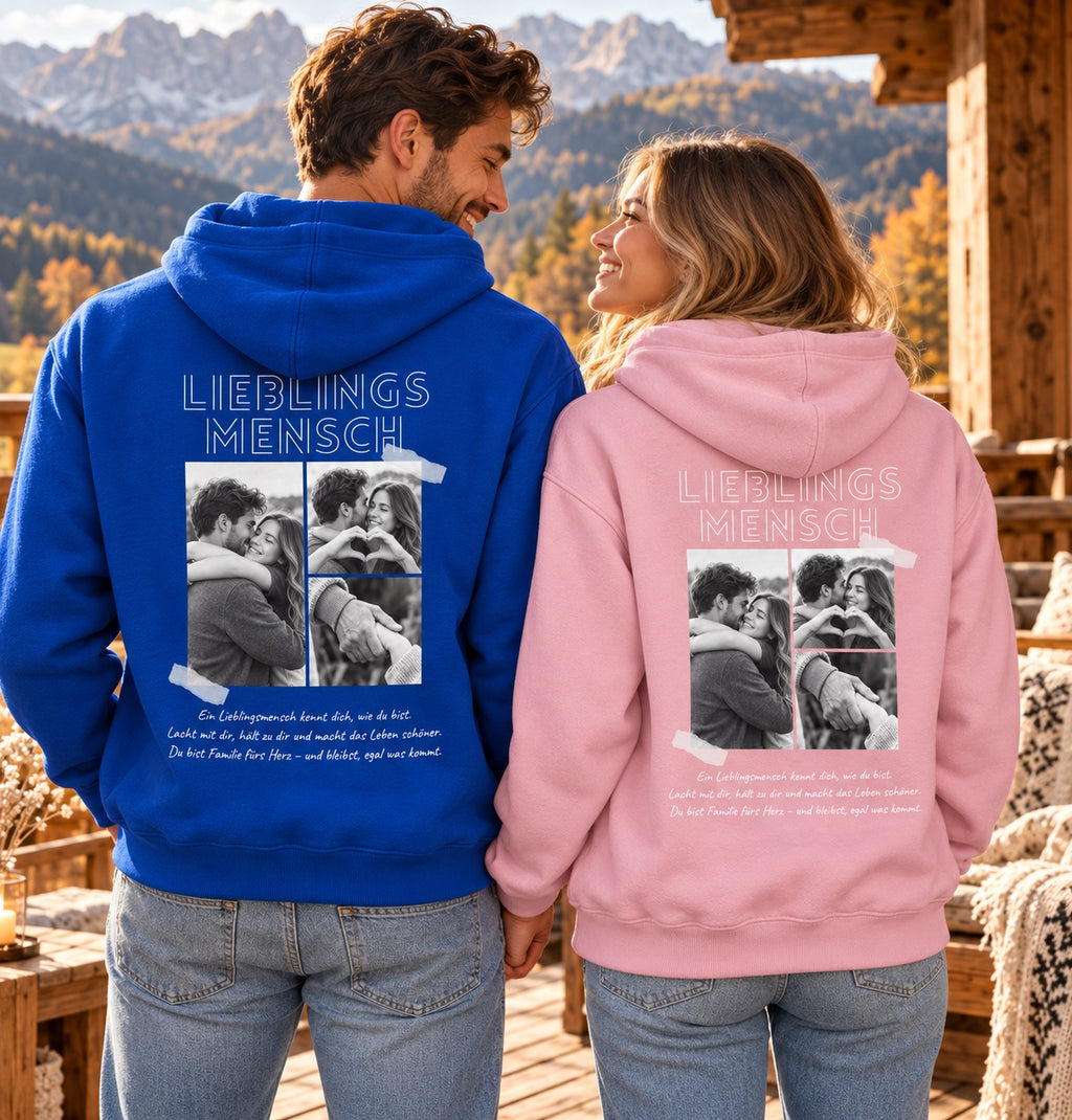 Paar mit Lieblingsmensch Hoodies in Blau und Rosa