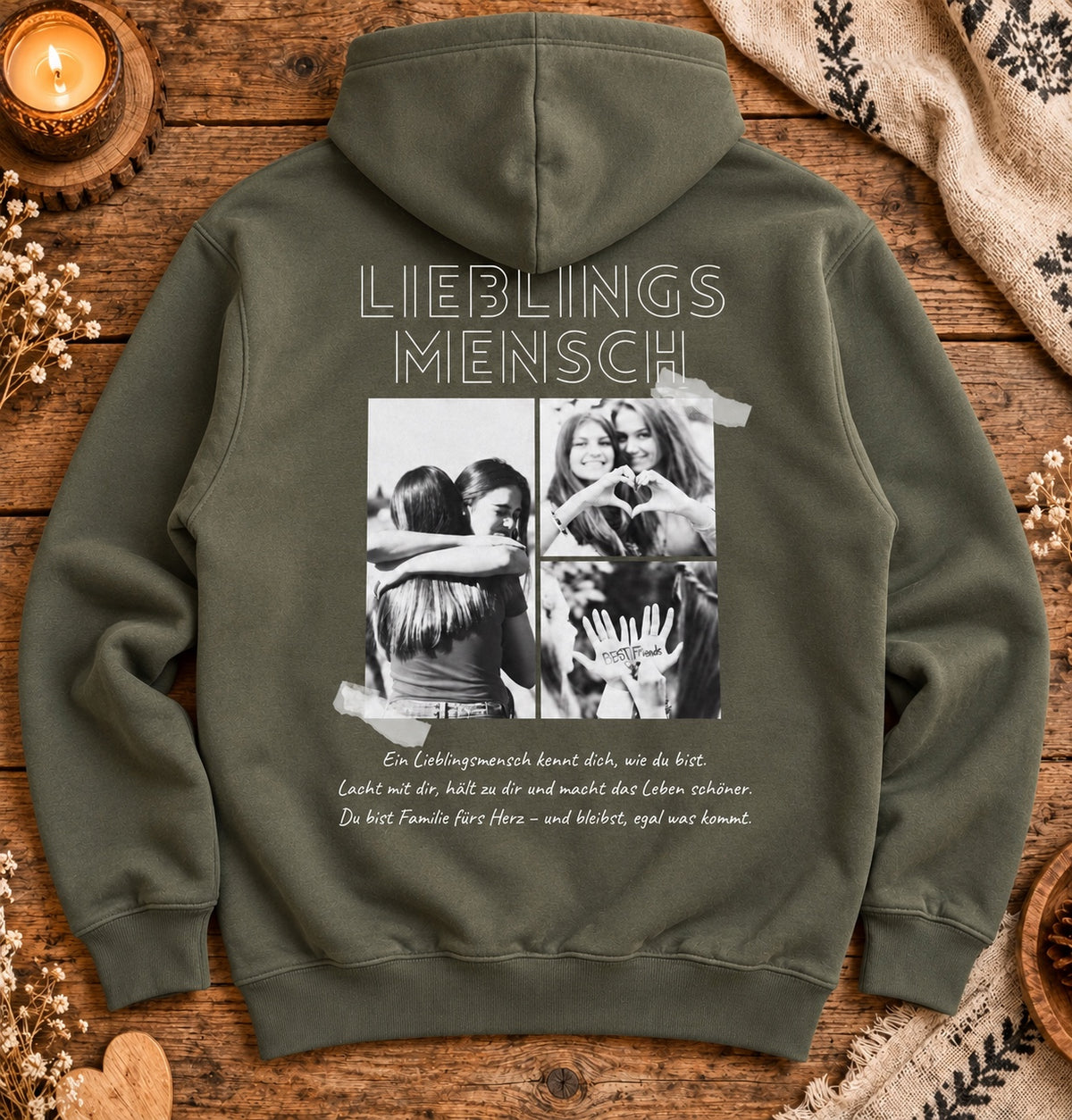 Olivgrüner Lieblingsmensch Kapuzenhoodie mit Fotocollage