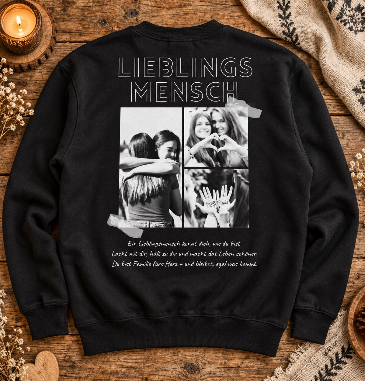 Schwarzes Lieblingsmensch Sweatshirt mit personalisierbarer Fotocollage