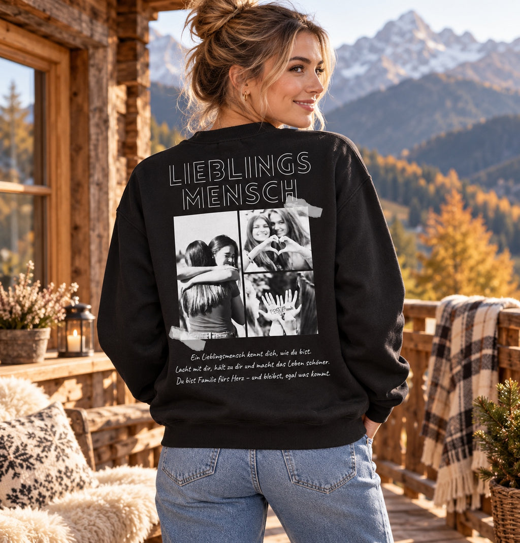Model mit schwarzem Lieblingsmensch Sweatshirt – Rückenansicht