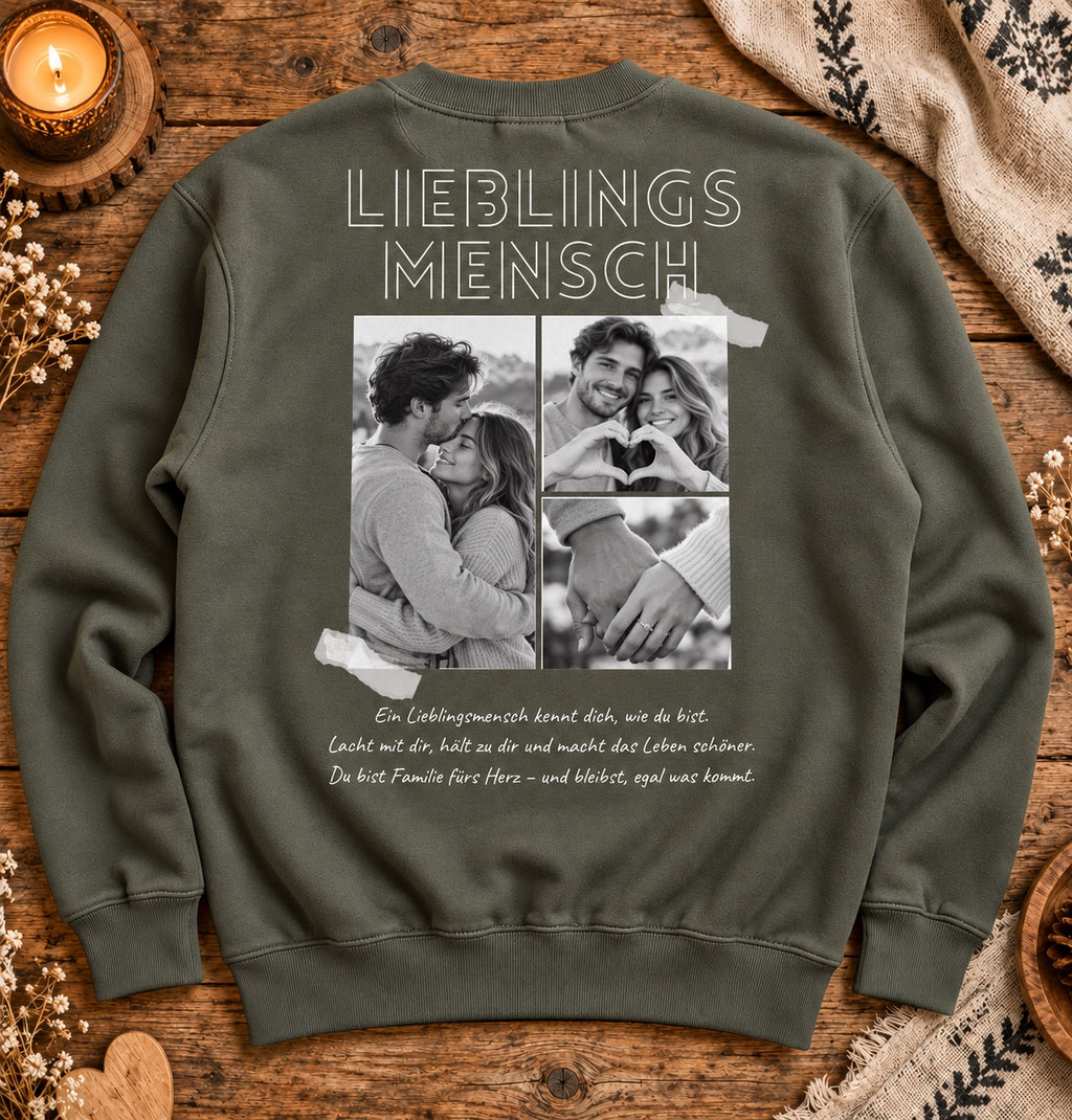 Olivgrünes Lieblingsmensch Sweatshirt mit Paar-Fotocollage