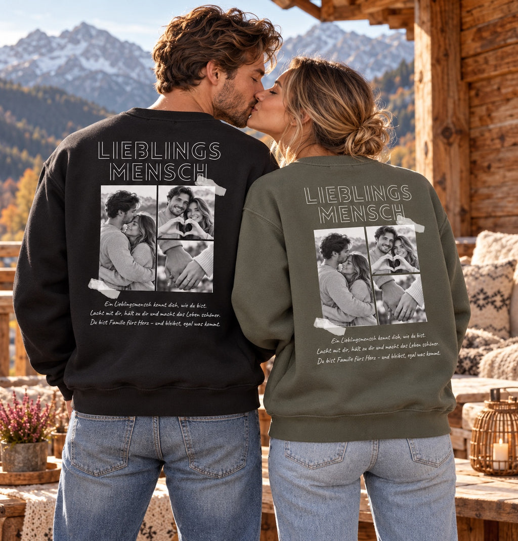 Paar mit Lieblingsmensch Sweatshirts in Schwarz und Olive
