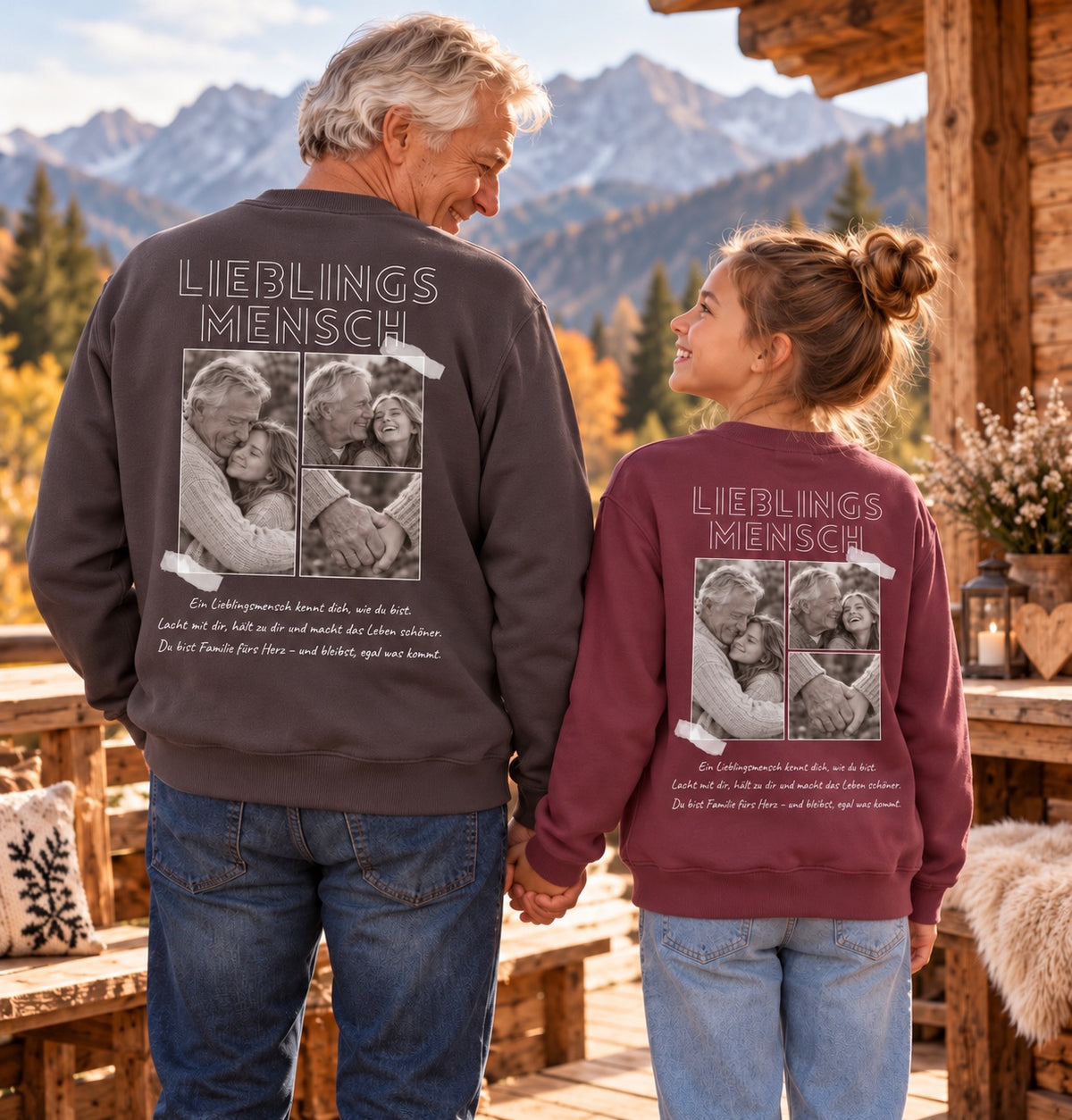 Opa und Enkeltochter mit Lieblingsmensch Sweatshirts in Braun und Beere