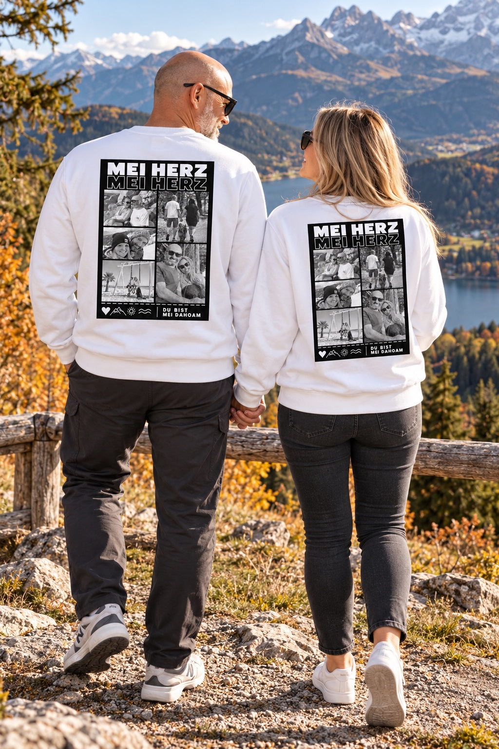 Pärchen mit weißen Mei Herz Sweatshirts am Berg – Rückenansicht