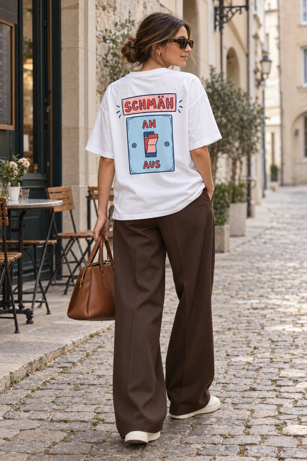 Damen Oversize-T-Shirt SCHMÄH in Weiß am Model mit brauner Hose und Tasche – Rückenansicht