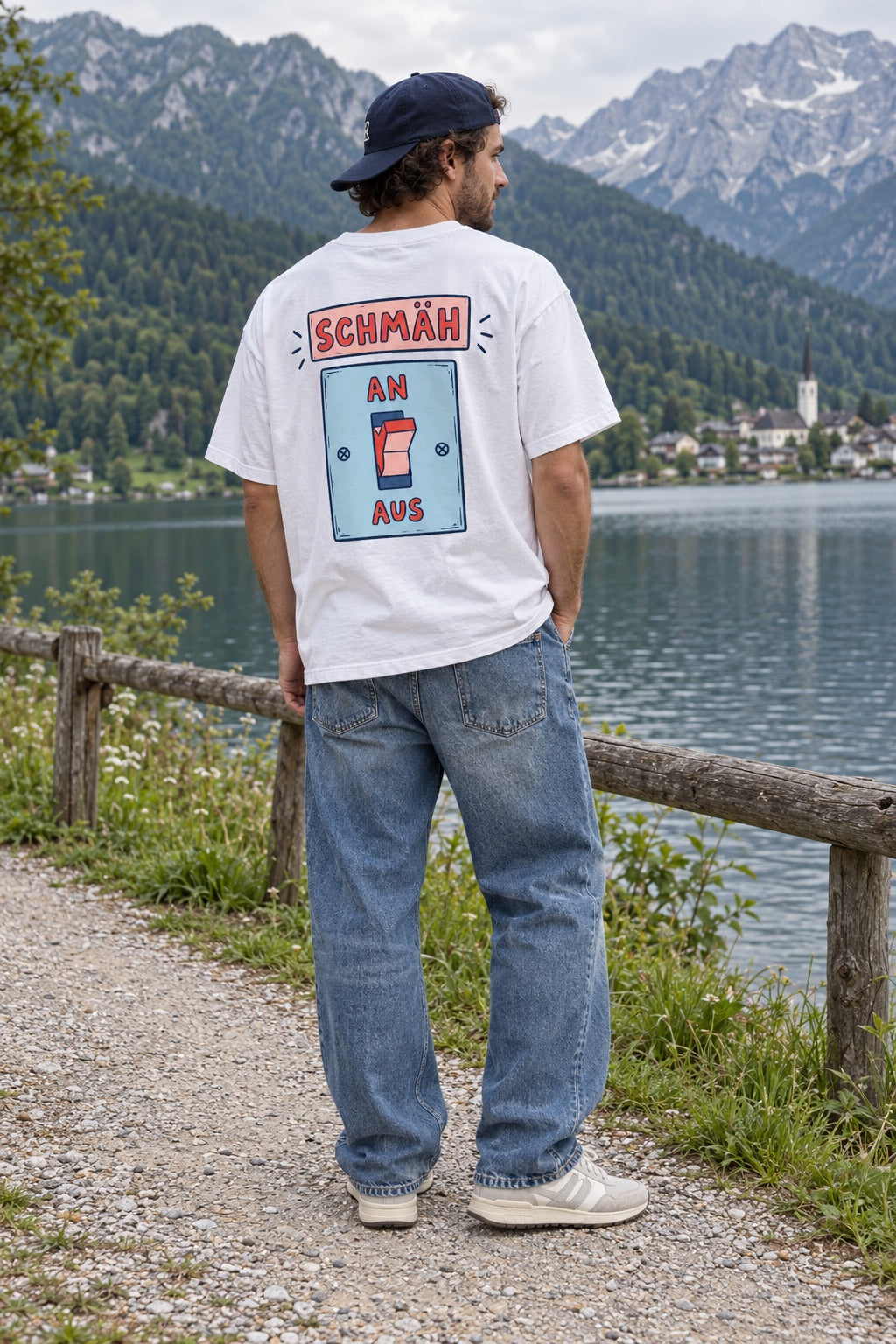 Weißes Herren Oversize-T-Shirt SCHMÄH am Model am See – Rückenansicht