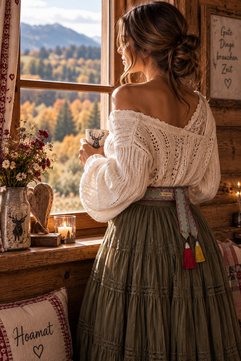 SCHMIGI Taillengürtel Türkis/Blumen zu einem olivgrünen Rock und einer weißen Strickbluse am Fenster