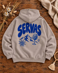 Herren Oversize-Hoodie SERVAS in Beige mit blauem Rückenmotiv auf Altholztisch